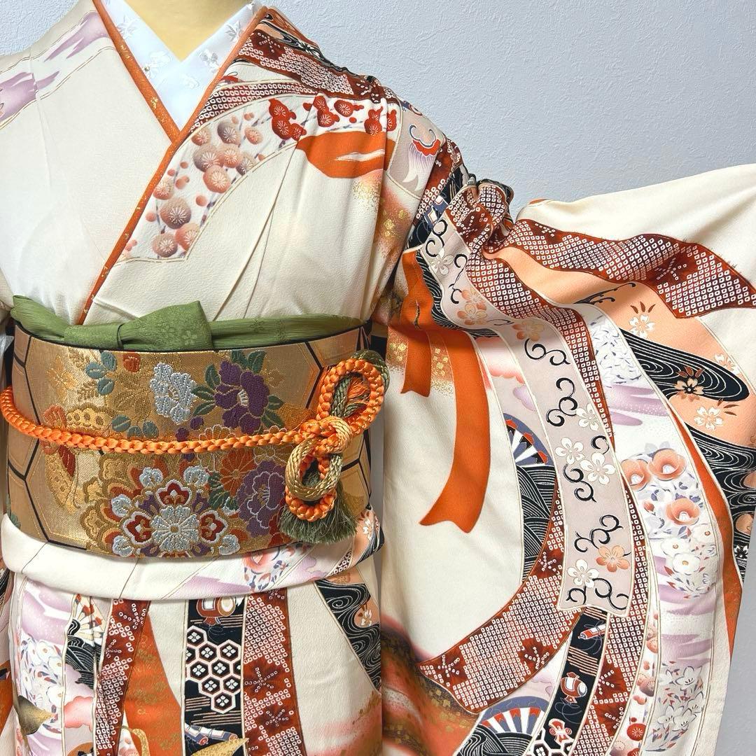 412 振袖フルセット 正絹 クリーム 橙 きものやまと 金彩 暈し染め