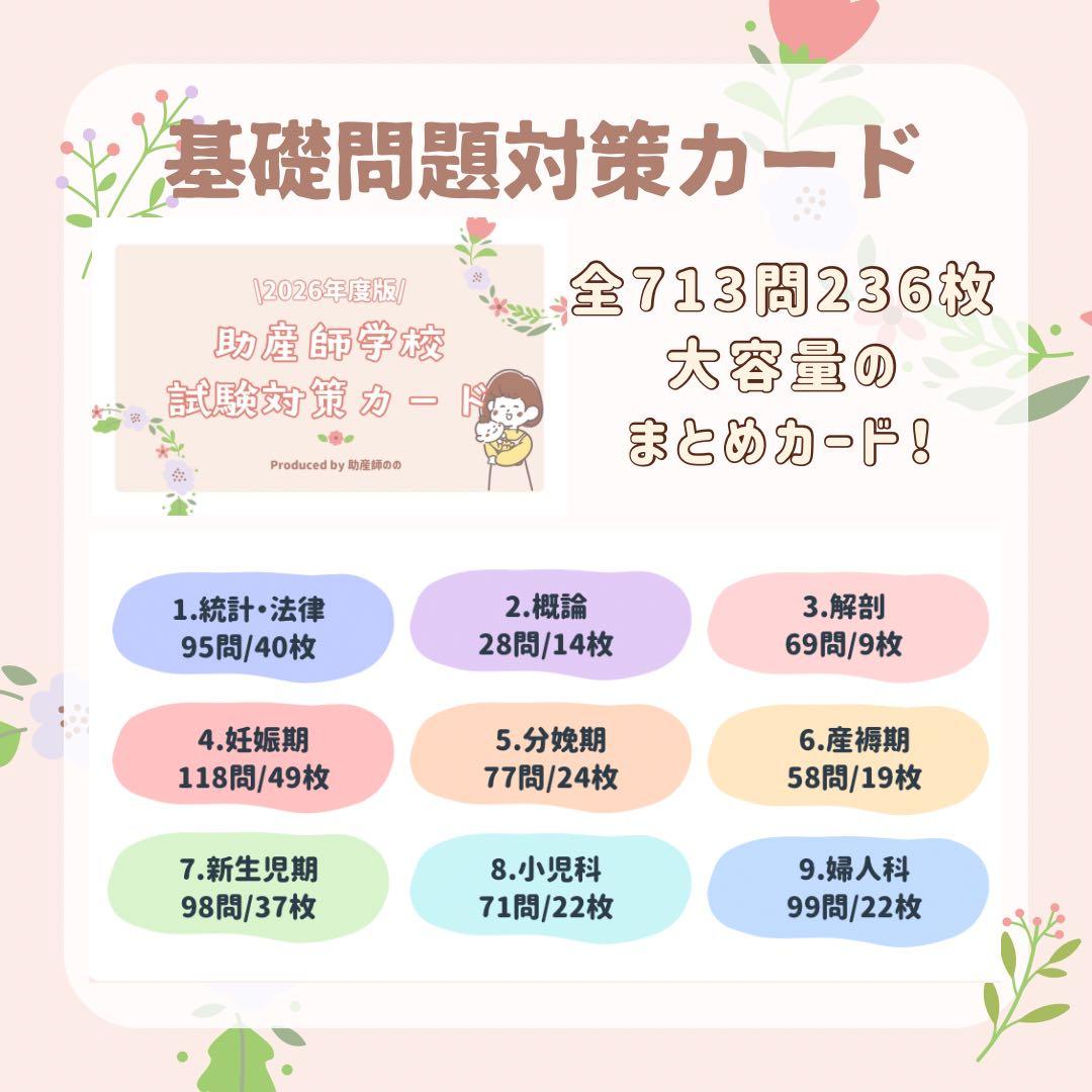 最新2026年｜助産師学校受験｜基礎問題対策カード｜713問236枚｜付箋カード