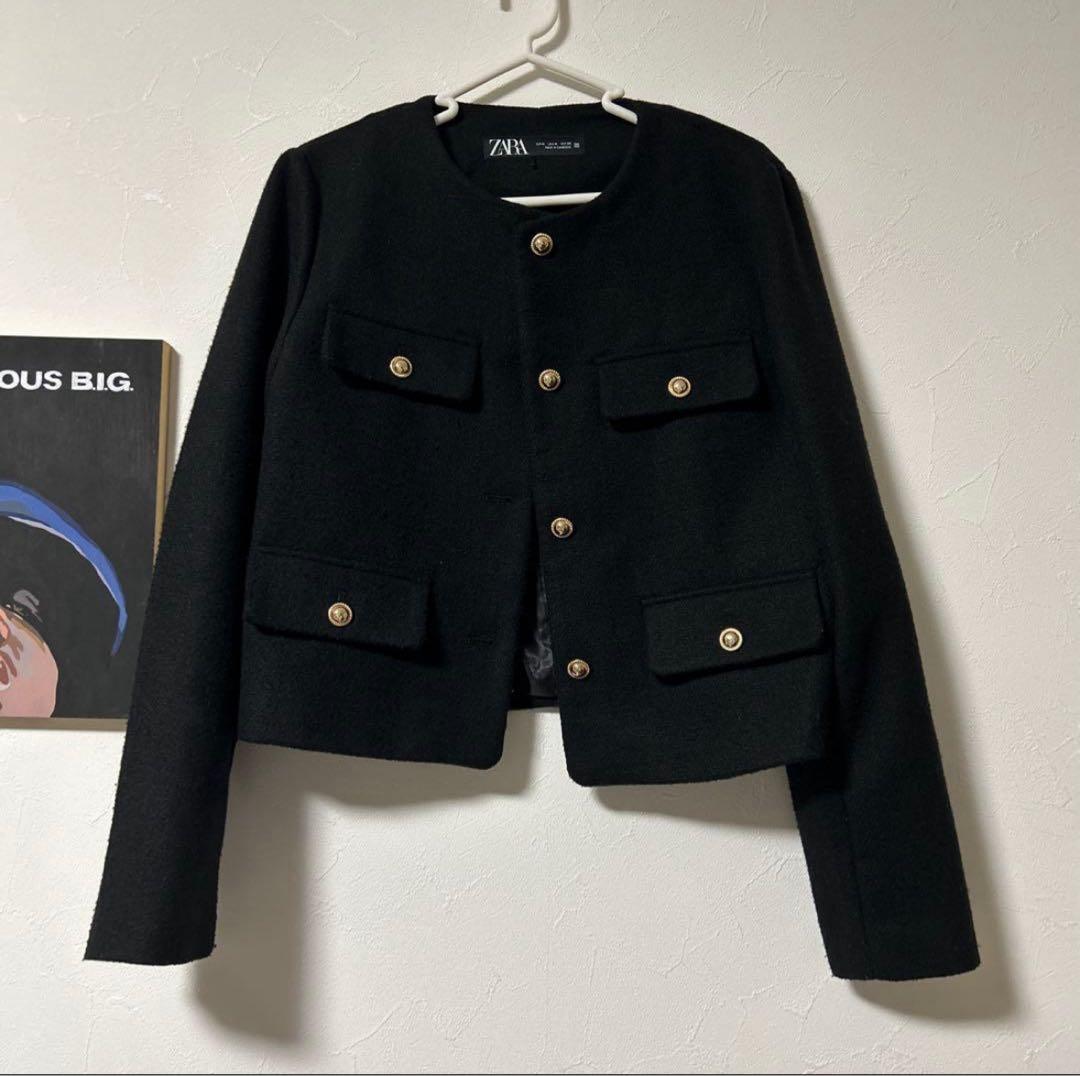 ZARA クロップドブレザー ノーカラージャケット 黒 M