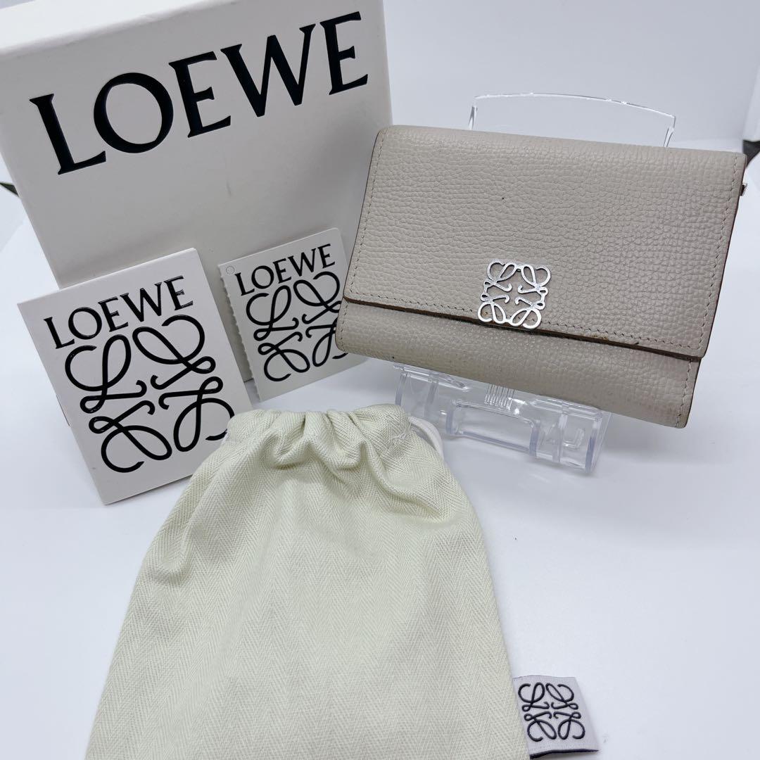 【美品】LOEWE ベージュ 3つ折り財布 アナグラム フリップウォレット 箱付