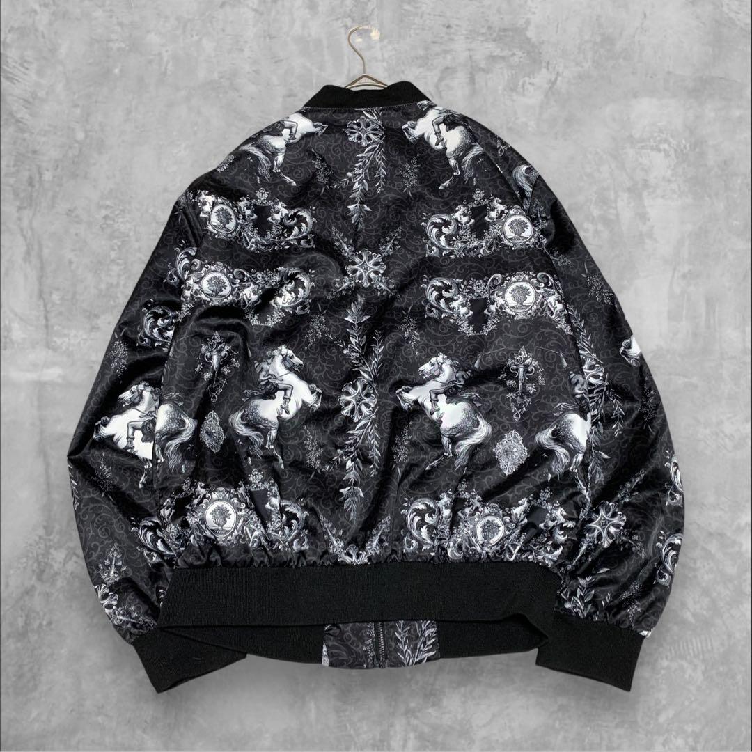 【美品】 ZARA 北欧神話 ギリシャ 白馬 絵画 唐草 総柄 黒 白 ブルゾン