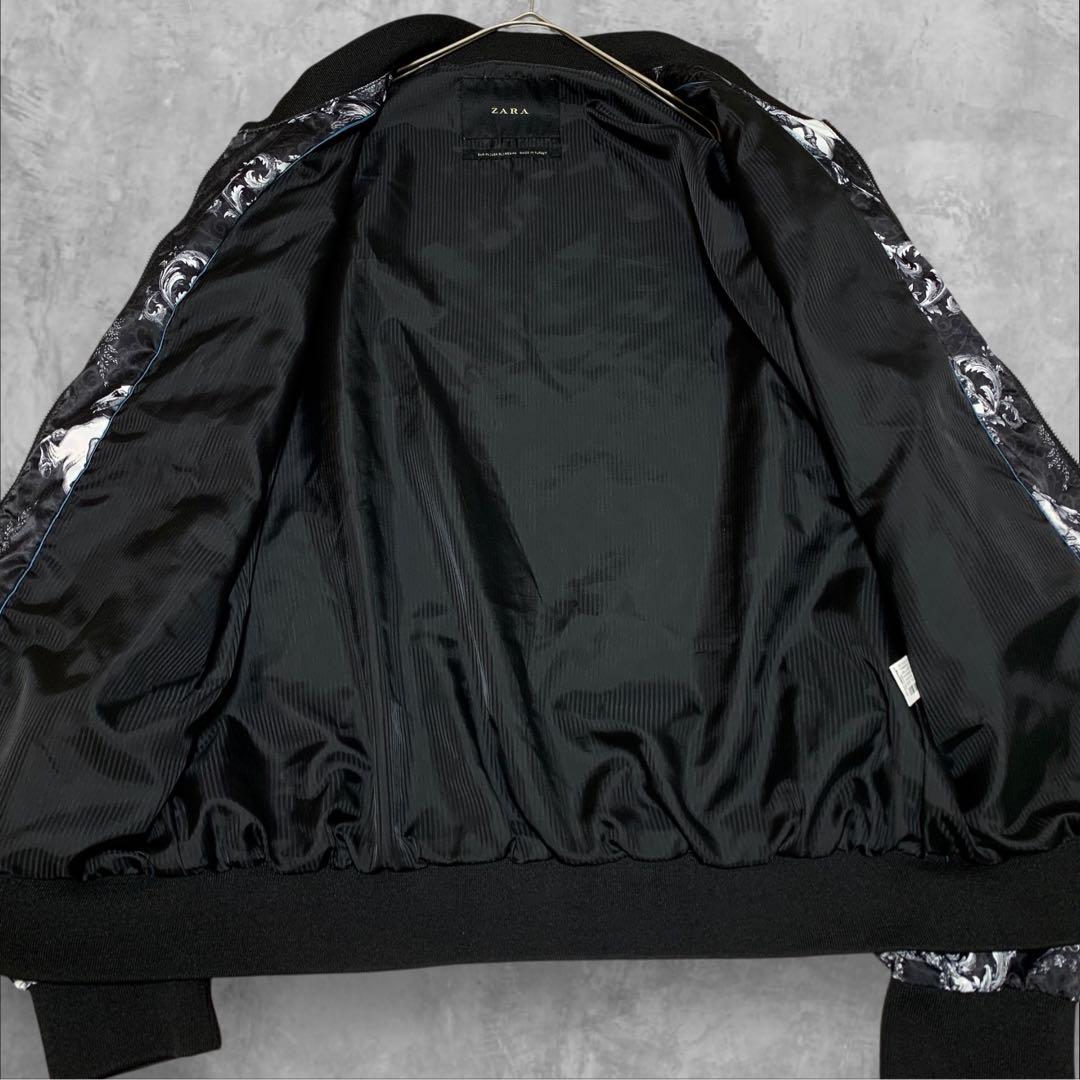 【美品】 ZARA 北欧神話 ギリシャ 白馬 絵画 唐草 総柄 黒 白 ブルゾン