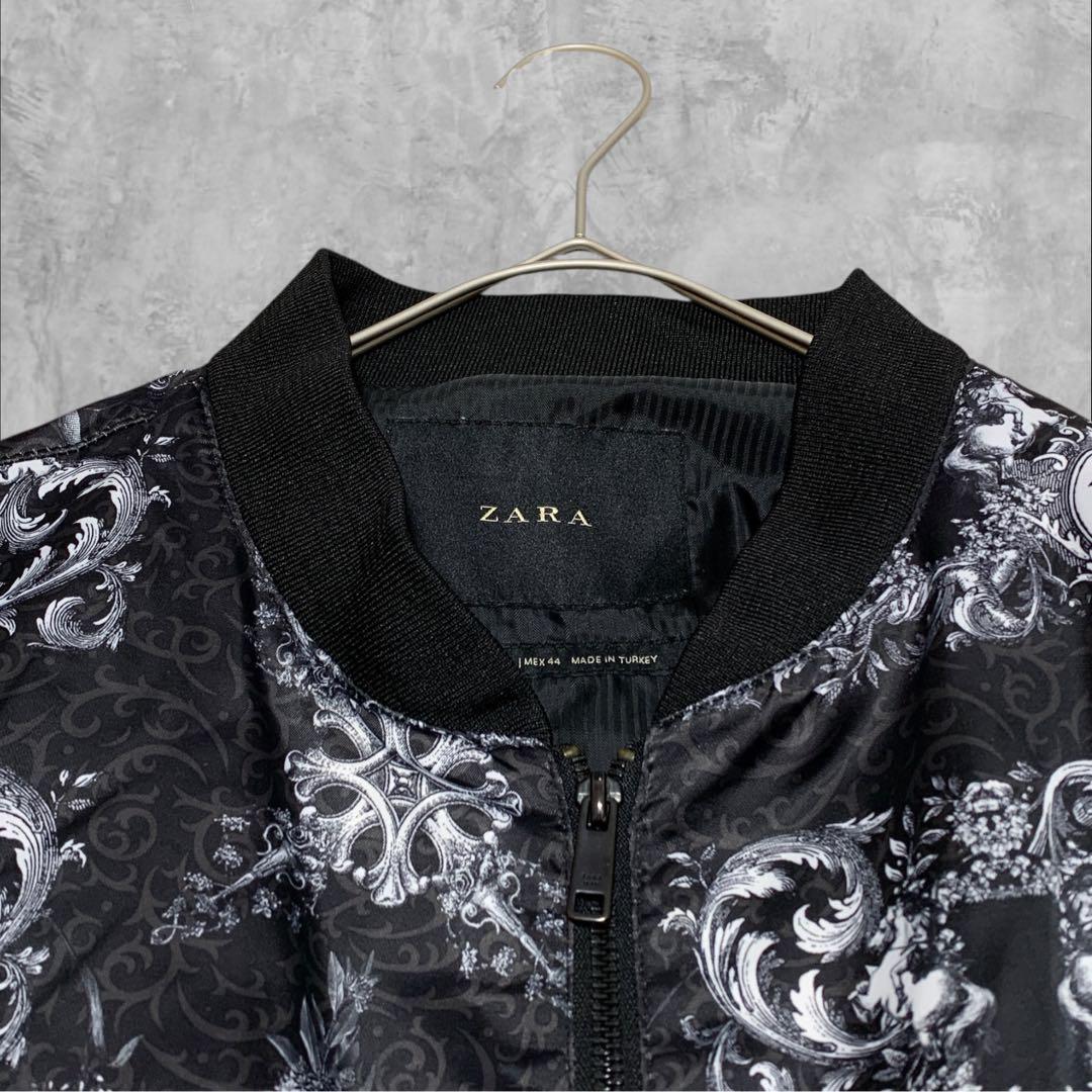 【美品】 ZARA 北欧神話 ギリシャ 白馬 絵画 唐草 総柄 黒 白 ブルゾン