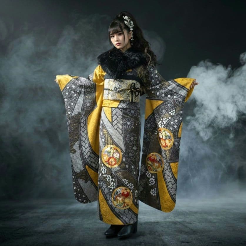 ファーショール付き！振袖フルセット(8点)成人式・高級手絞り・金駒刺繍・吉祥文様