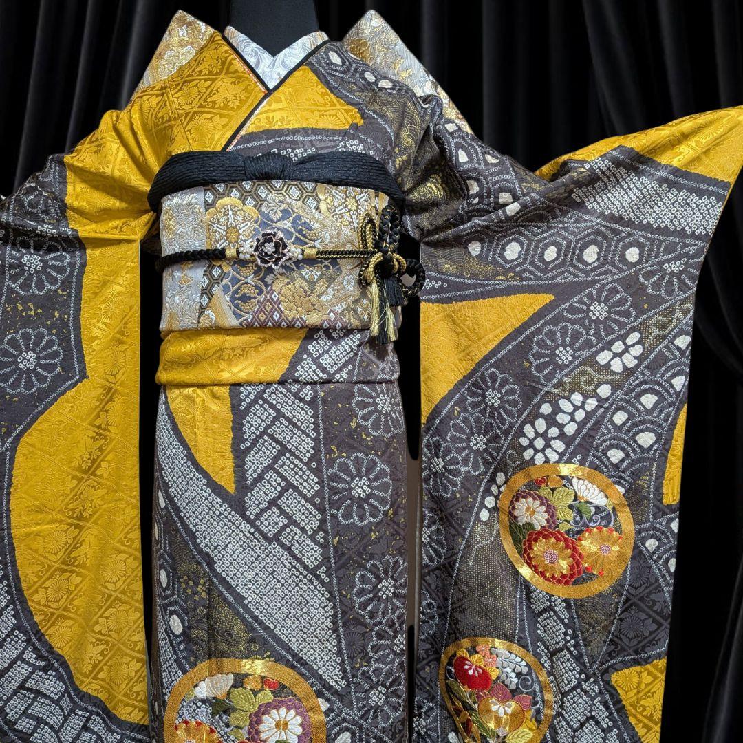 ファーショール付き！振袖フルセット(8点)成人式・高級手絞り・金駒刺繍・吉祥文様