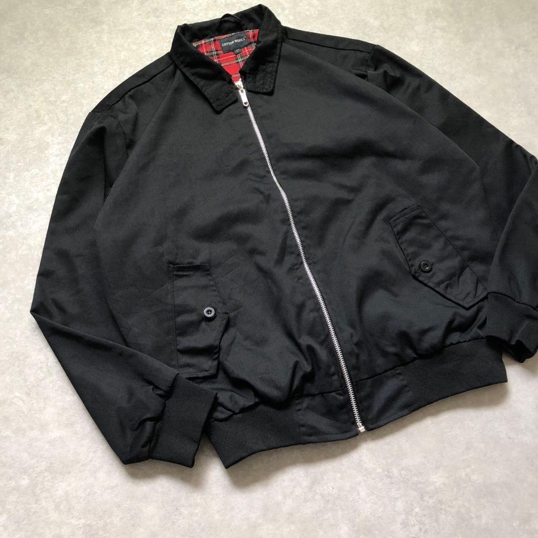 90s 極美品 L 黒 スイングトップ ハリントンジャケッ 裏地チェック古着G9