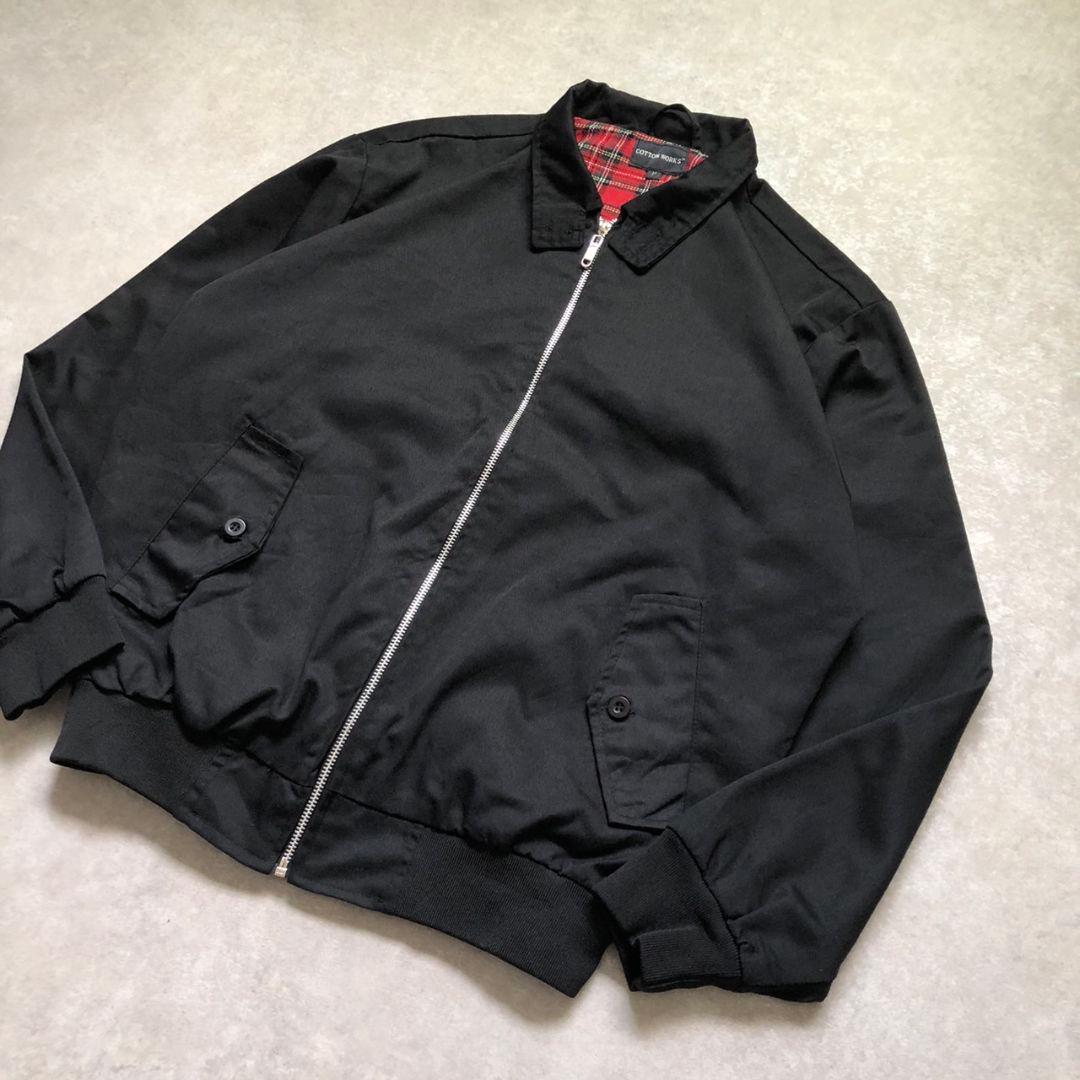90s 極美品 L 黒 スイングトップ ハリントンジャケッ 裏地チェック古着G9