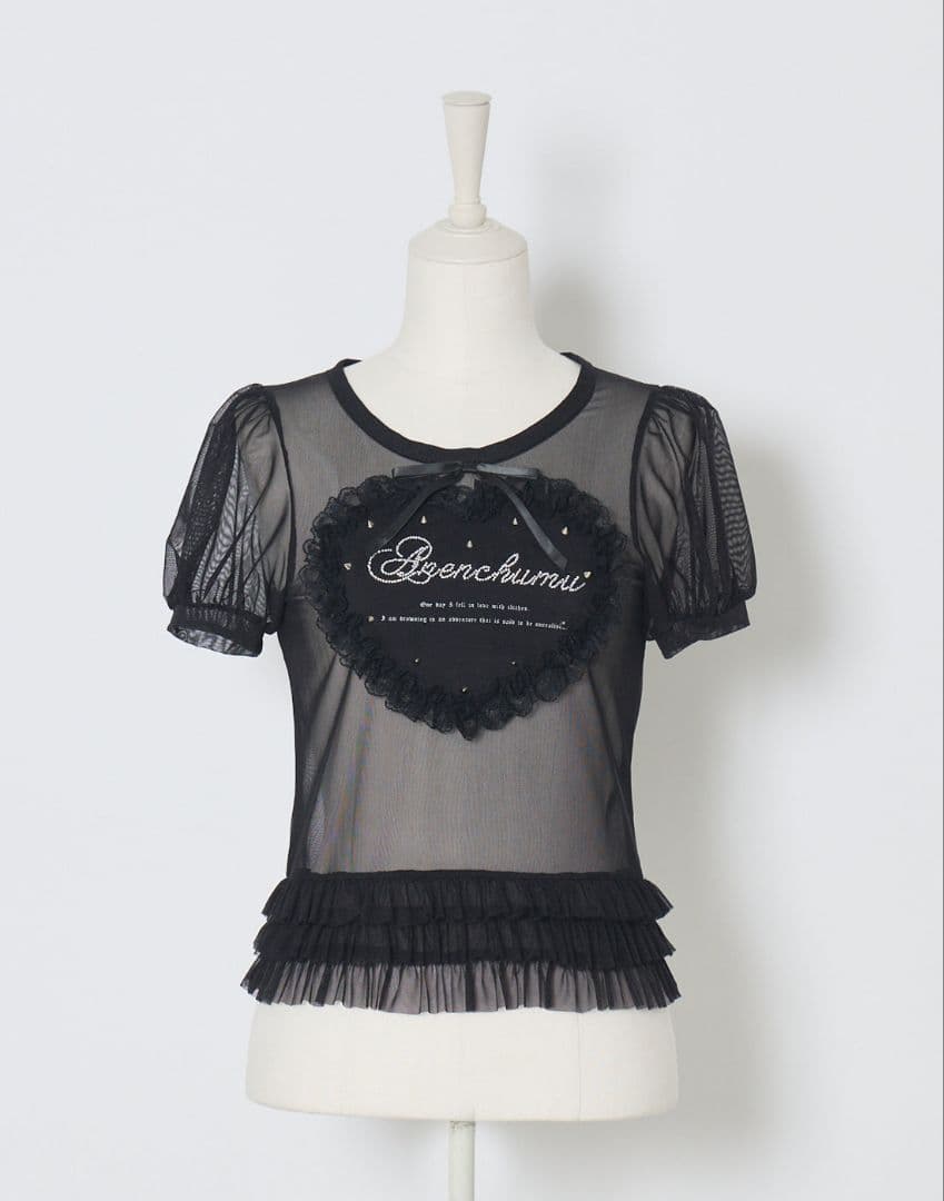 トップス Heart studs & message puff sheer t-shirt