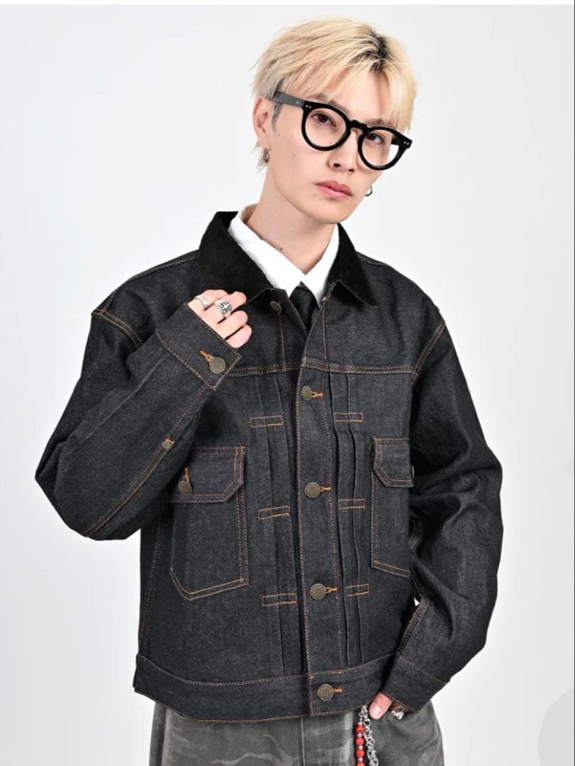 コーデュロイカラーリジットデニムジャケット　M （black）　地底人