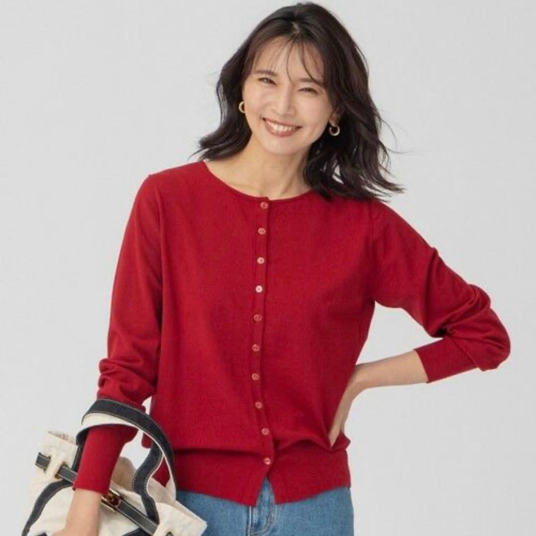 23区2WAYカーディガン赤ヴィスコースストレッチ38洗える上品美品艶感ボタン