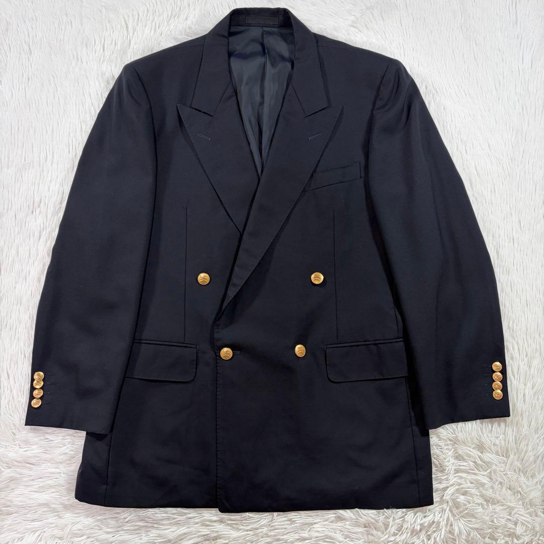極美品 バーバリー 紺ブレ 刻印金ボタン モヘヤ混ダブル 裏地シャドーホース