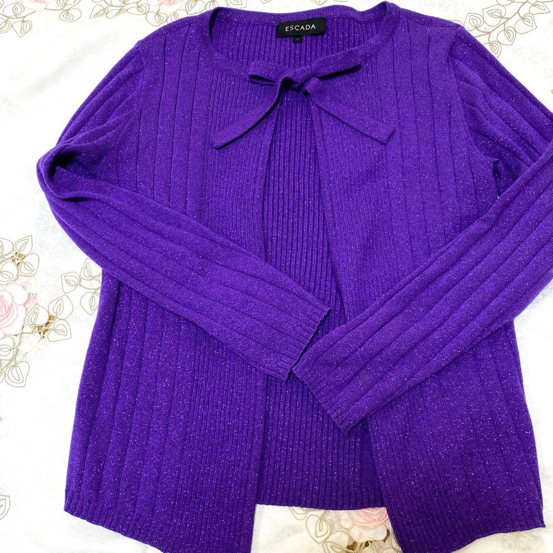 ESCADA エスカーダパープル ラメ糸織りボウタイ付き カーディガン 36美品