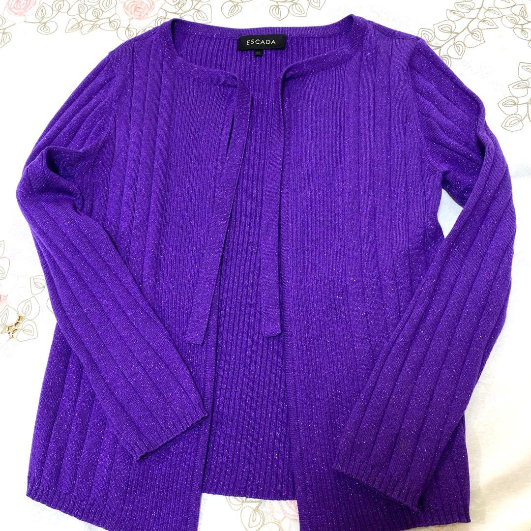 ESCADA エスカーダパープル ラメ糸織りボウタイ付き カーディガン 36美品