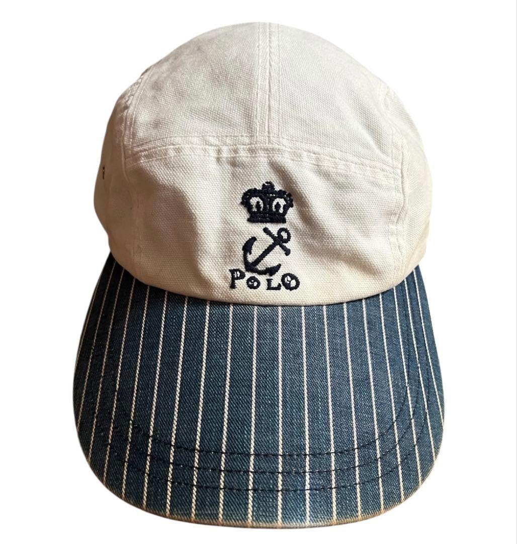 90's ポロラルフローレン ロングビル　ジェットキャップ　インディゴストライプ