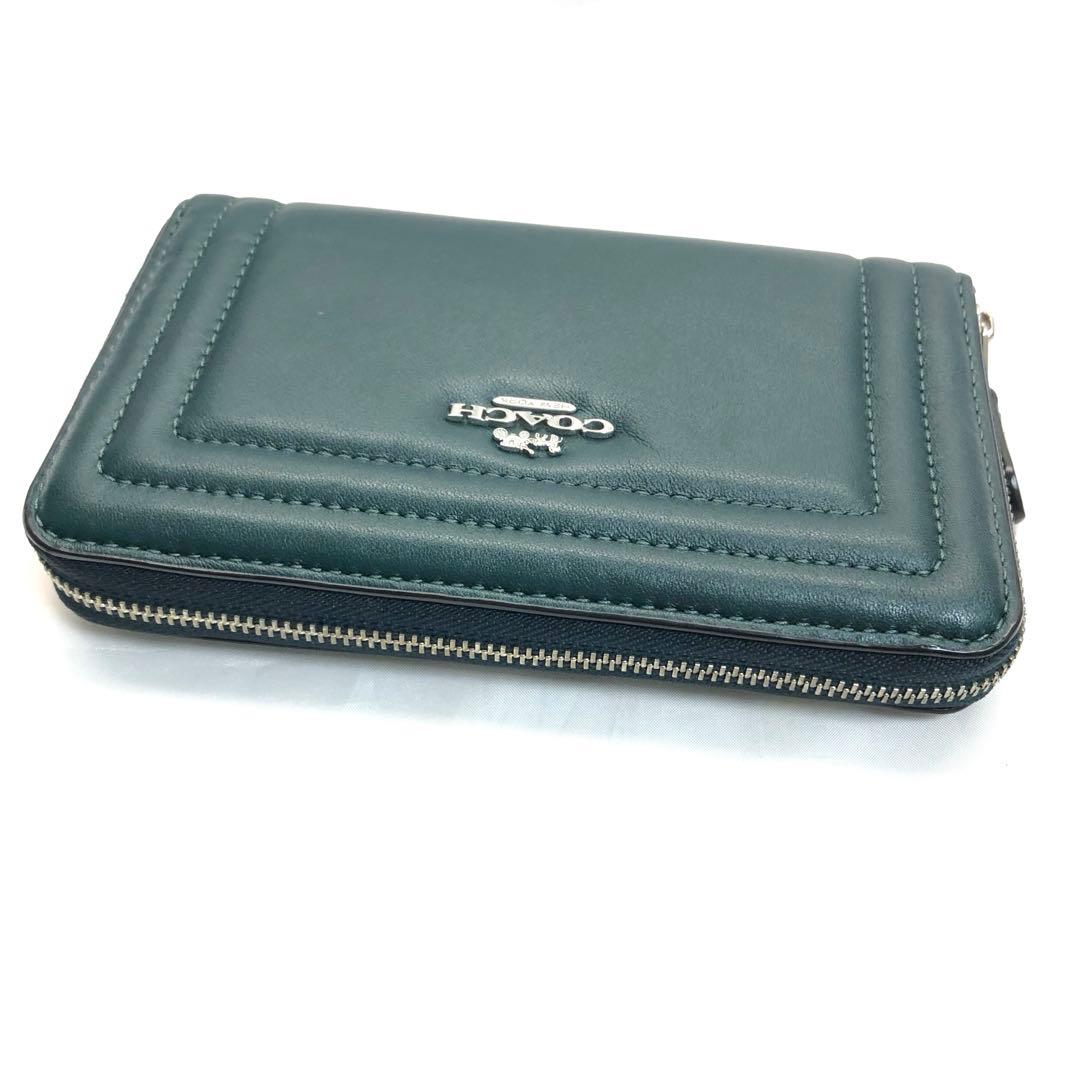 美品✨　COACH コーチ　財布　ラウンドファスナー　グリーン　シルバー