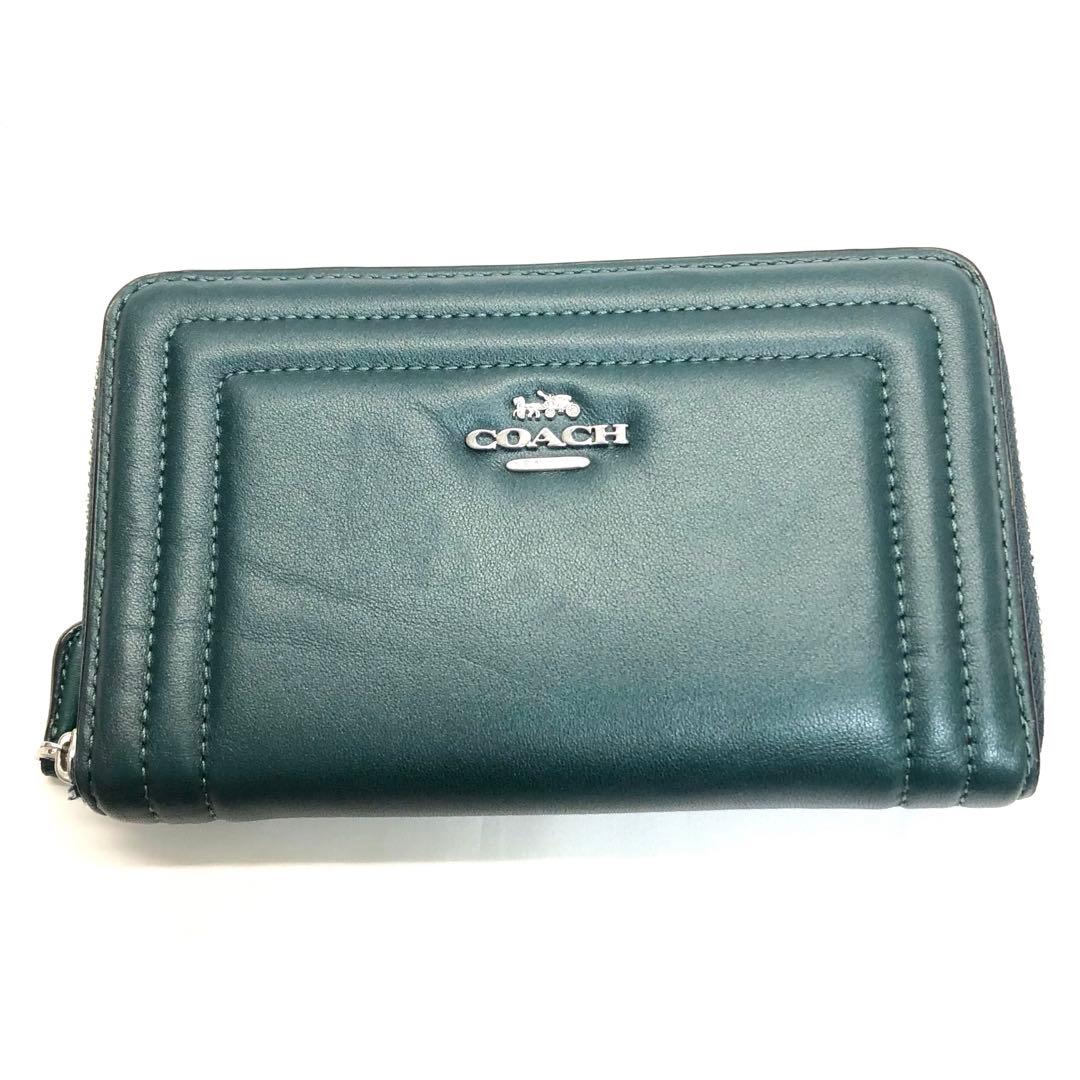 美品✨　COACH コーチ　財布　ラウンドファスナー　グリーン　シルバー