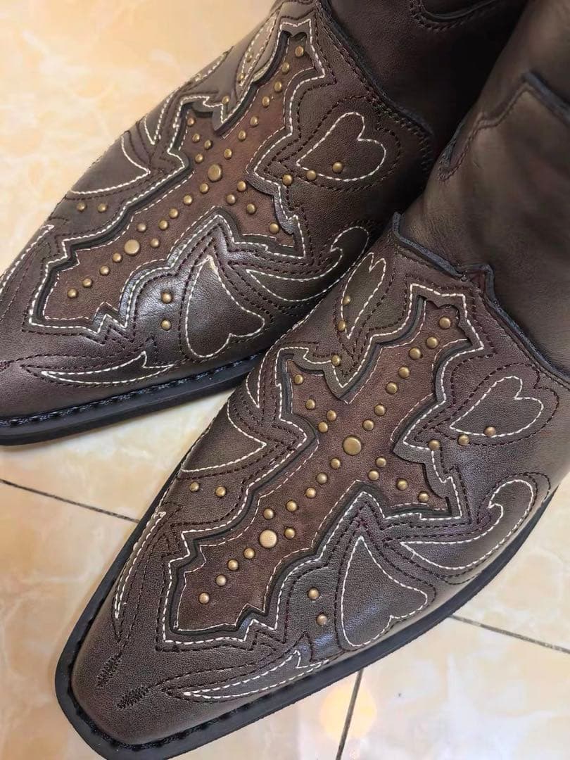 本革 ウエスタンブーツ ロング レディース 刺繍デザイン ブラウン