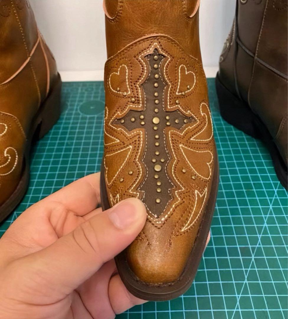 本革 ウエスタンブーツ ロング レディース 刺繍デザイン ブラウン