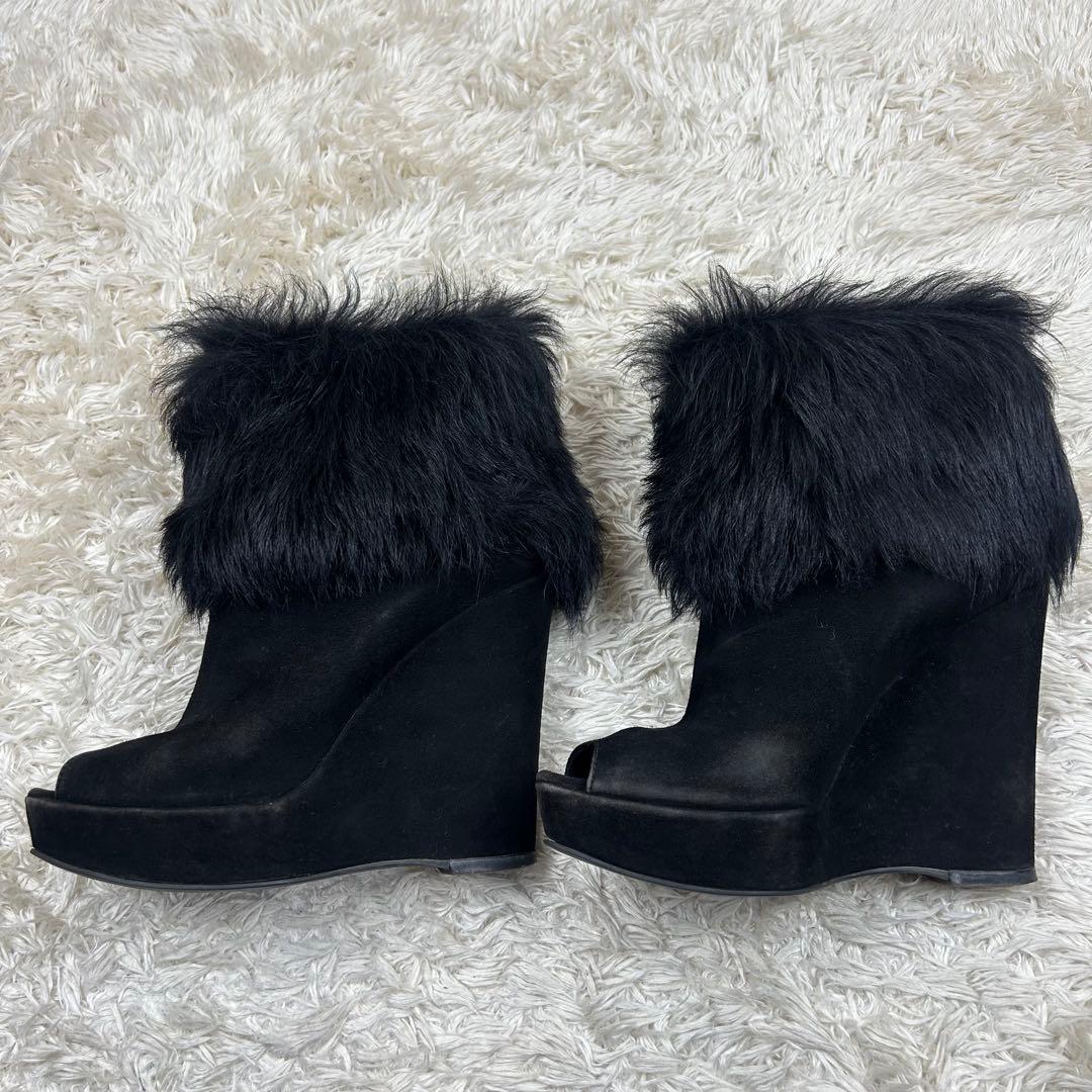 PRADA オープントゥウェッジソールファーブーツ 黒 24cm スエードレザー
