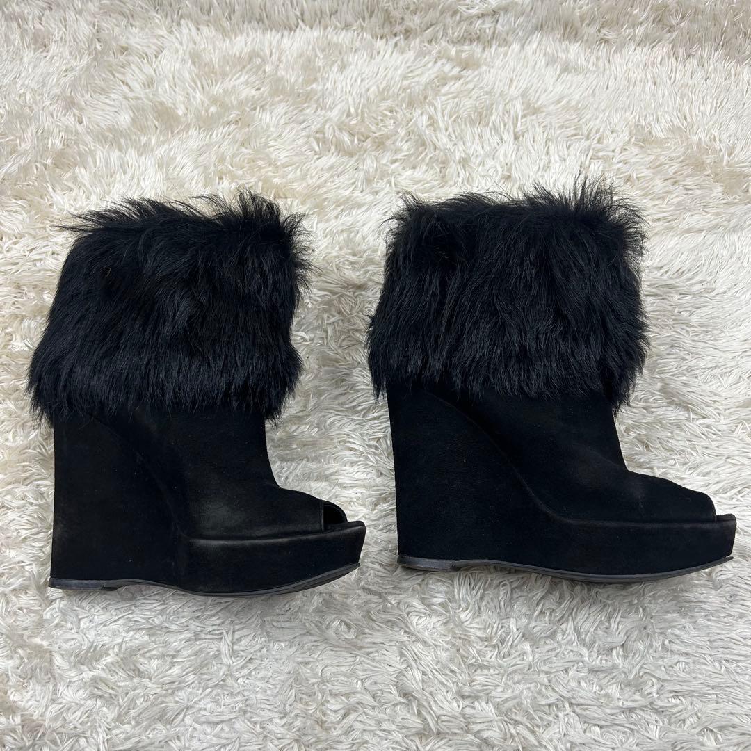 PRADA オープントゥウェッジソールファーブーツ 黒 24cm スエードレザー