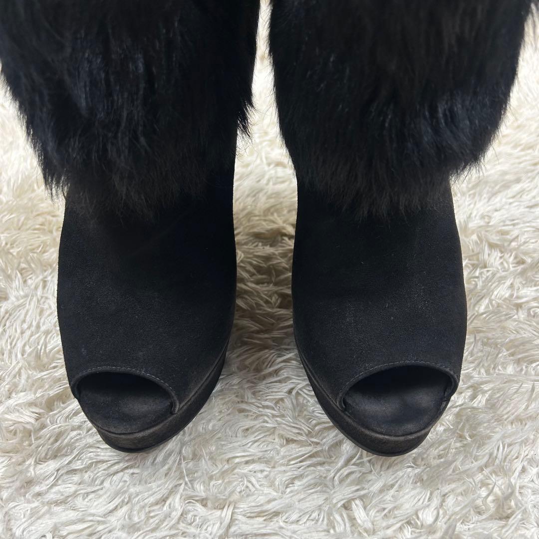 PRADA オープントゥウェッジソールファーブーツ 黒 24cm スエードレザー