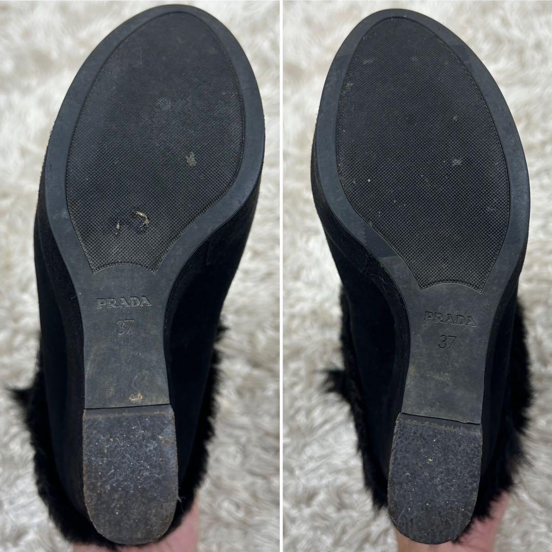 PRADA オープントゥウェッジソールファーブーツ 黒 24cm スエードレザー