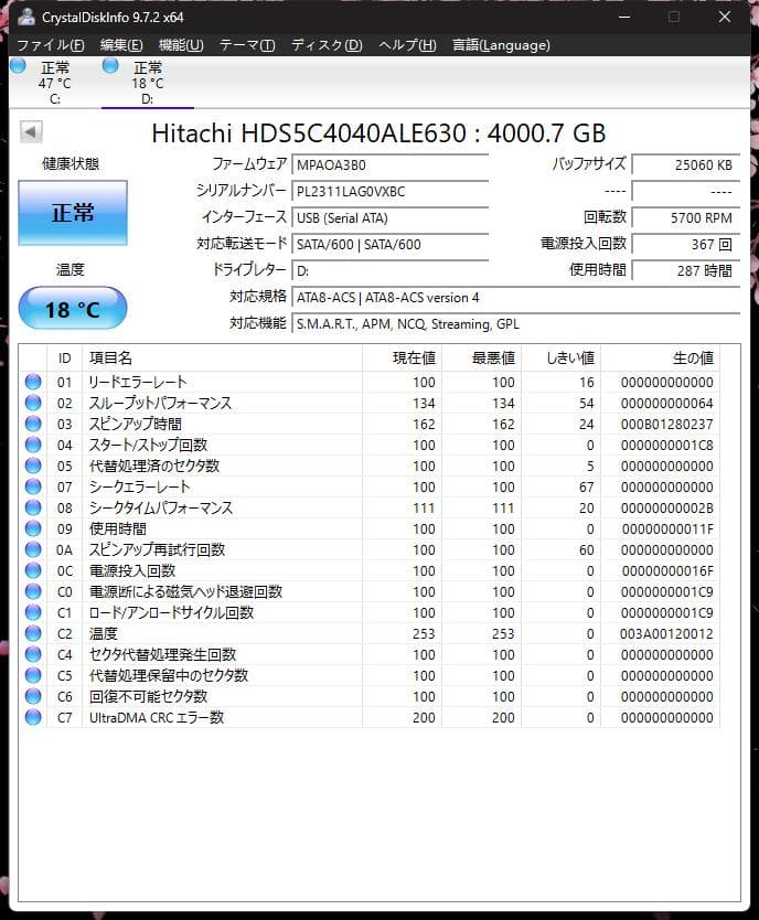 Hitachi HDS5C4040ALE630 4TB HDD極少使用・状態良好