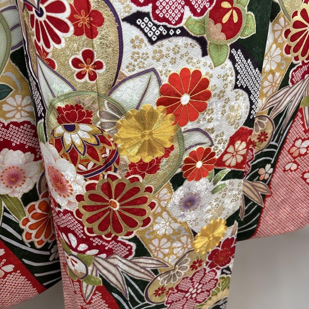 新品　正絹豪華振袖フルセット　王道古典柄　緑　駒刺繍　金彩　成人式に