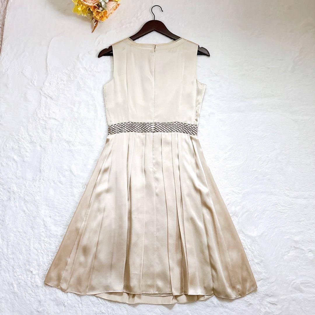 新品 ANAYI シルク100% タック フレアワンピース ビーズ装飾 ベージュ