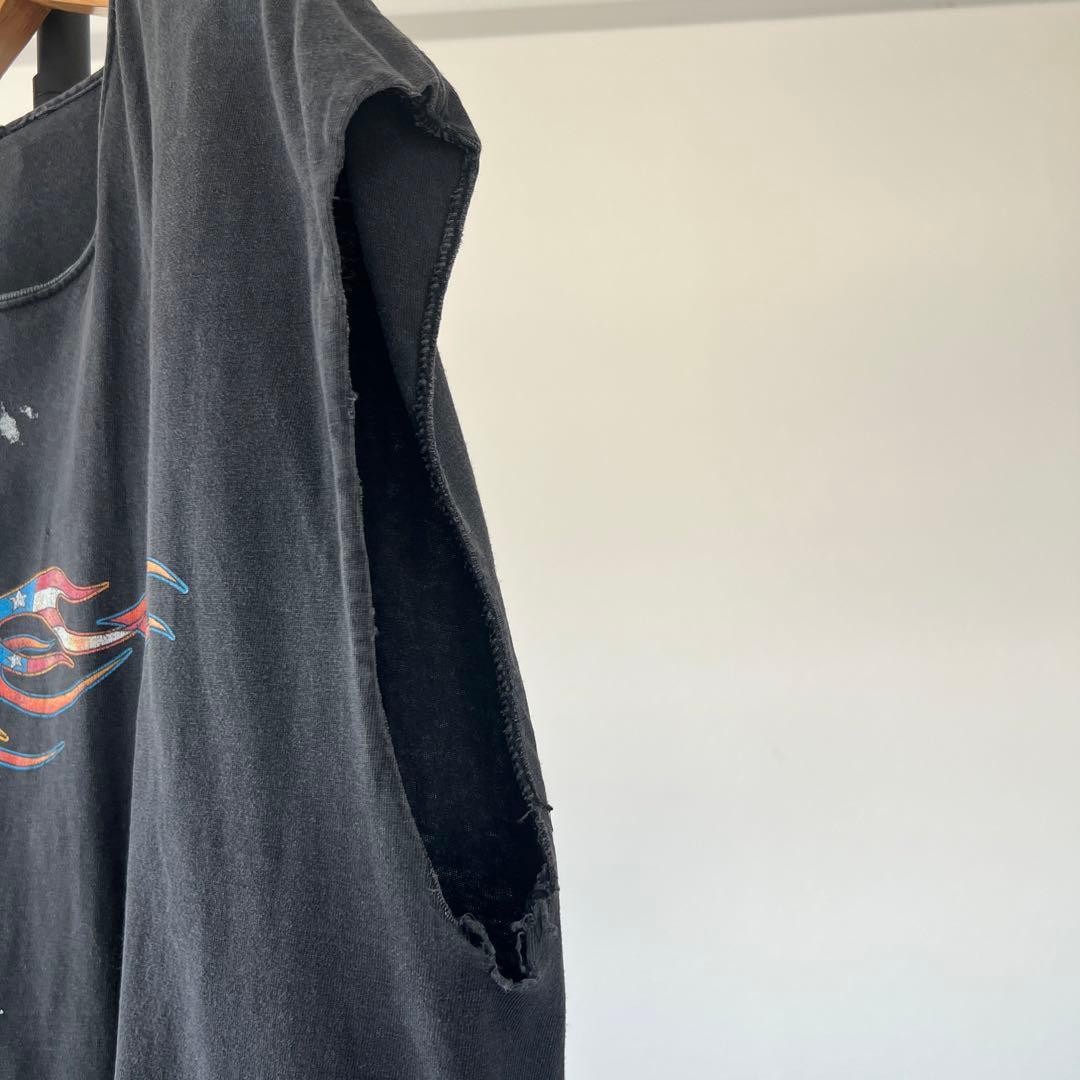 ハーレーダビッドソン　DENNEYs　カットオフT　墨黒　ボロ　フェード　星条旗