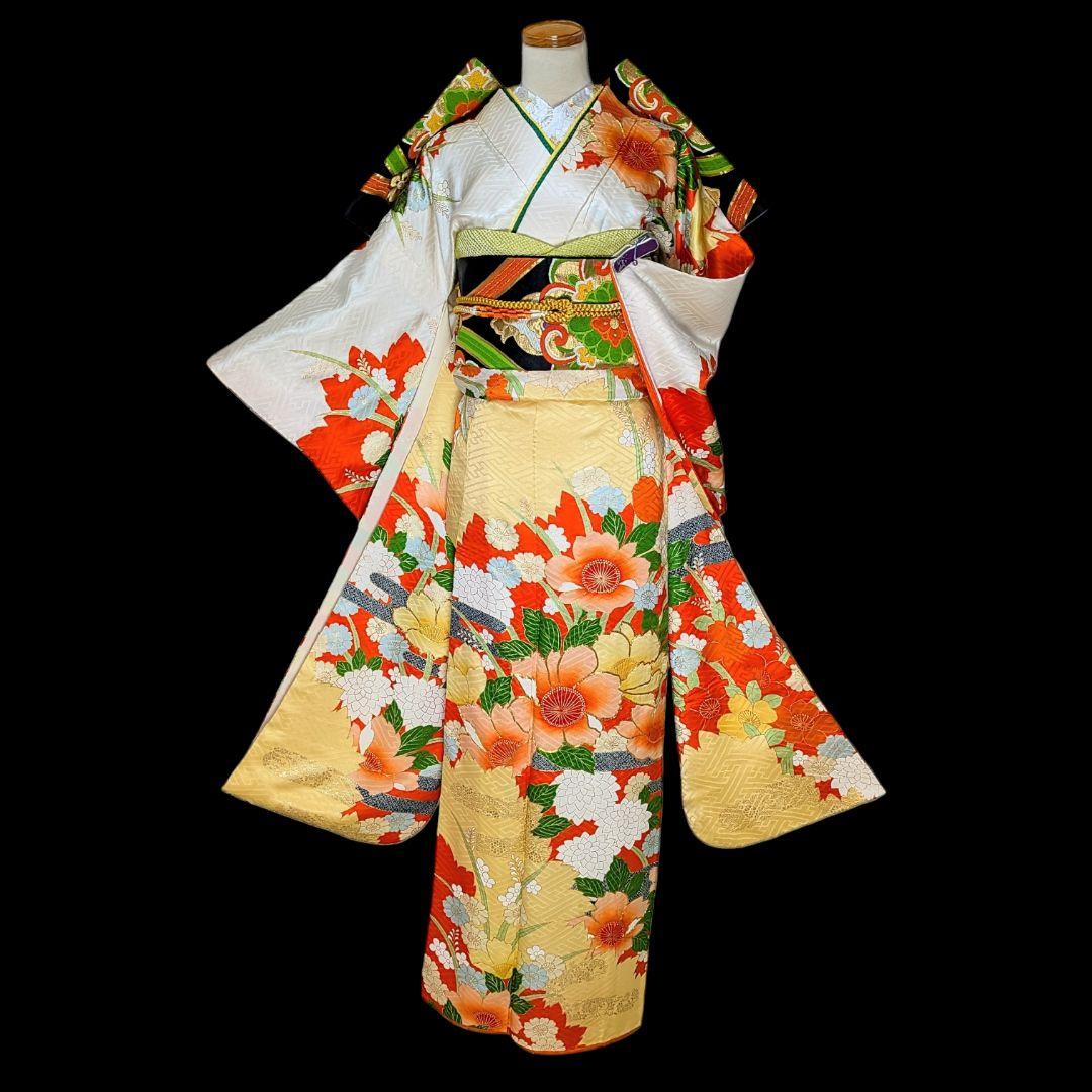 【振袖セット】花取り模様　金駒刺繍　白　オレンジ　6点セット　正絹　アンティーク