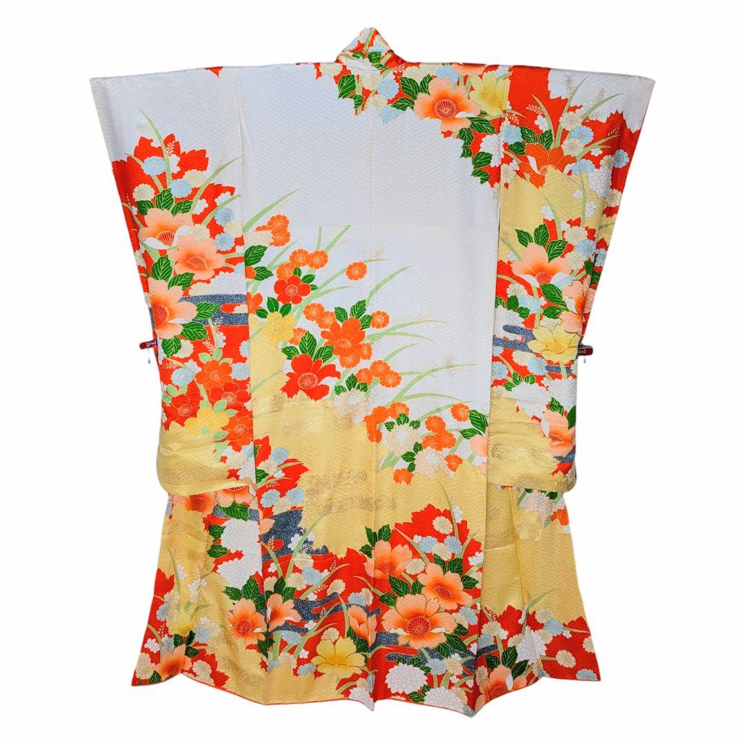 【振袖セット】花取り模様　金駒刺繍　白　オレンジ　6点セット　正絹　アンティーク
