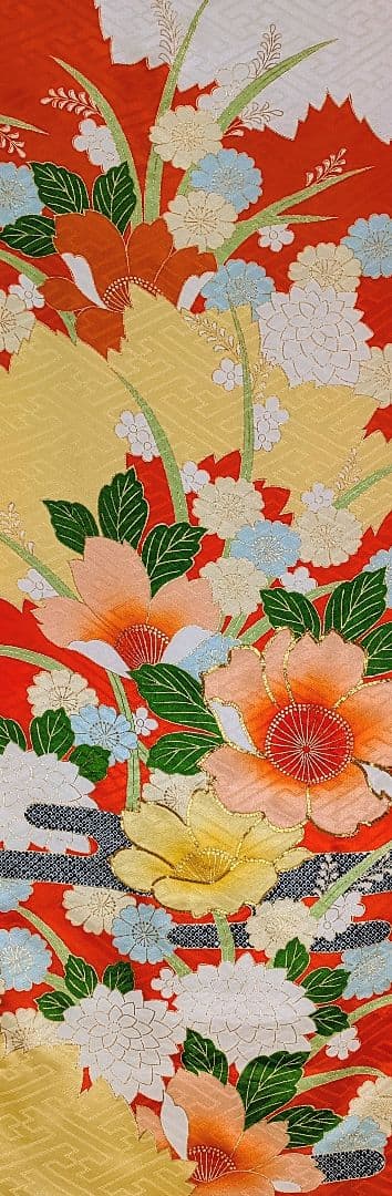 【振袖セット】花取り模様　金駒刺繍　白　オレンジ　6点セット　正絹　アンティーク