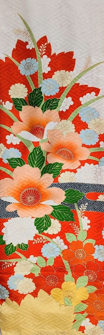 【振袖セット】花取り模様　金駒刺繍　白　オレンジ　6点セット　正絹　アンティーク