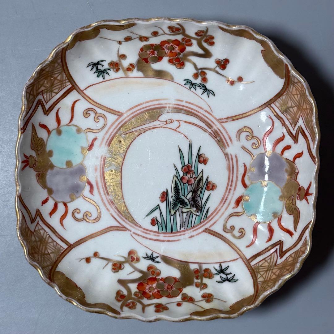 古伊万里　色絵　金蘭手　白鷺文様　梅文様　菊花四角形　膾皿　5個　器を楽しむ