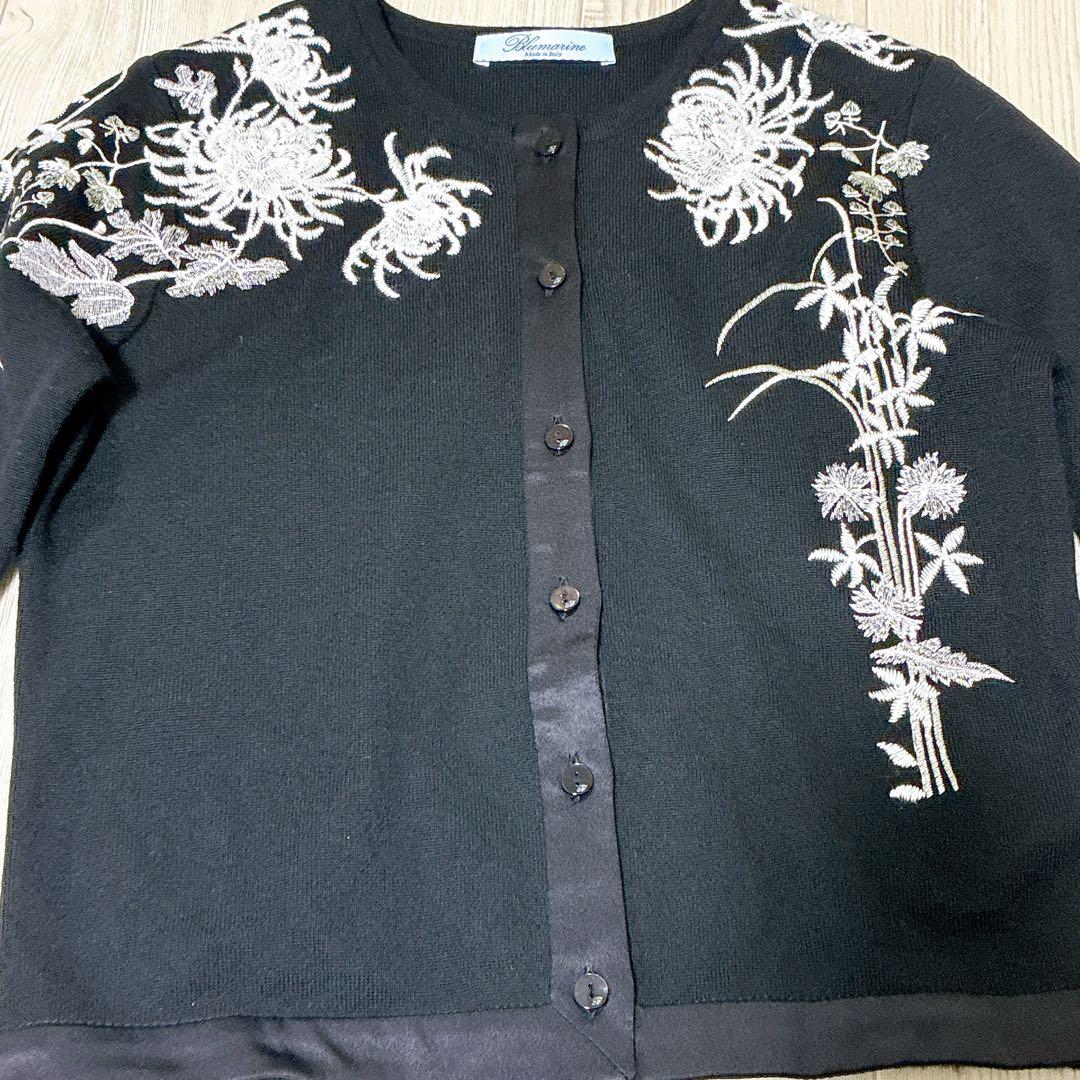 Blumarine ブルマリン カーディガン 花 刺繍 ブラック ウール シルク