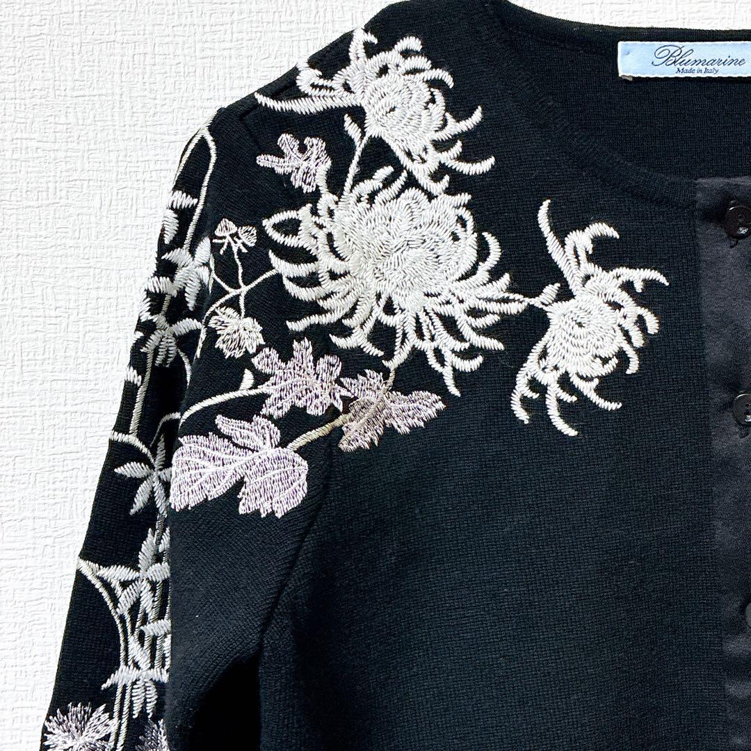 Blumarine ブルマリン カーディガン 花 刺繍 ブラック ウール シルク