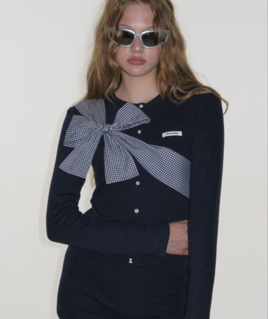 新品 crank Ribbon Tie Knit Cardigan ネイビー