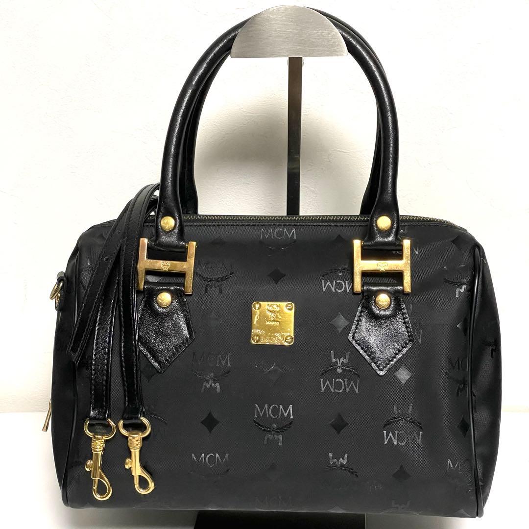 ✨極美品✨MCM エムシーエム PVC×レザー ミニボストンバッグ 斜め掛け 黒
