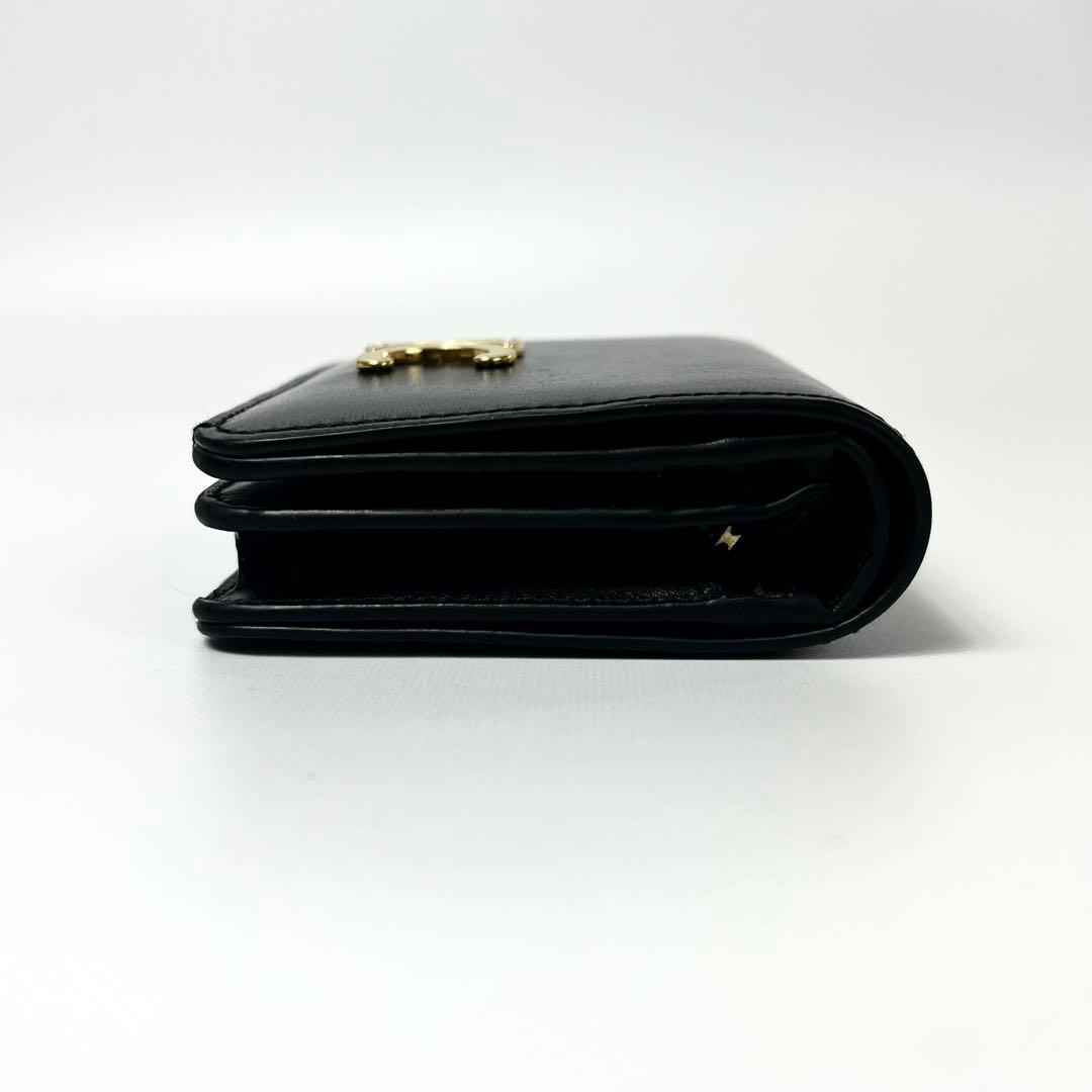 希少 鑑定✨セリーヌ ２つ折り財布 トリオンフ ロゴ金具 レザー ブラック 黒