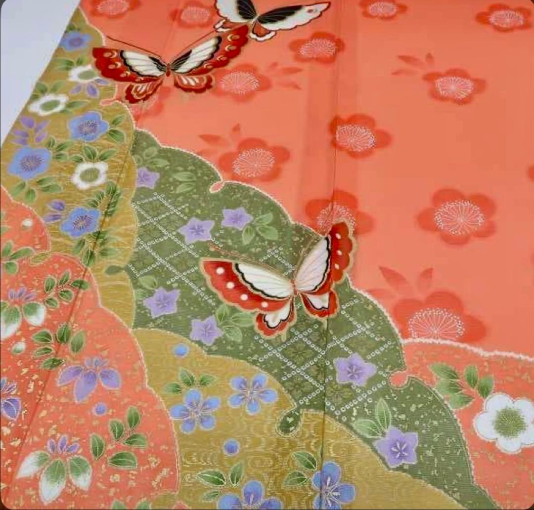 yellowです　　オレンジ色 蝶刺繍 夏着物希少　絽振袖