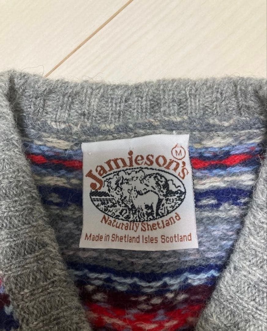 Jamieson'sフェアアイル柄ウールベストMレッド ブルー