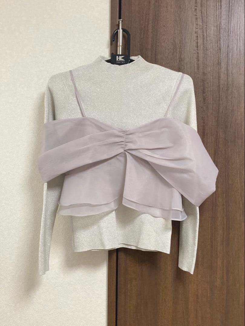 【美品】リボンモチーフセットプルオーバー シルバー セルフォード