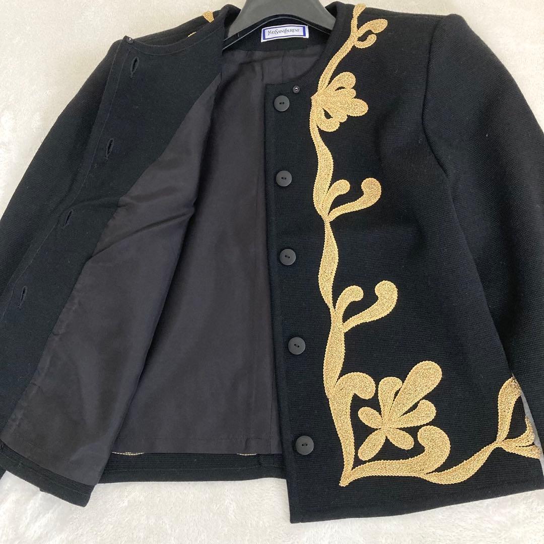 イヴサンローラン 金刺繍装飾 ナポレオン ノーカラージャケット M ブラック