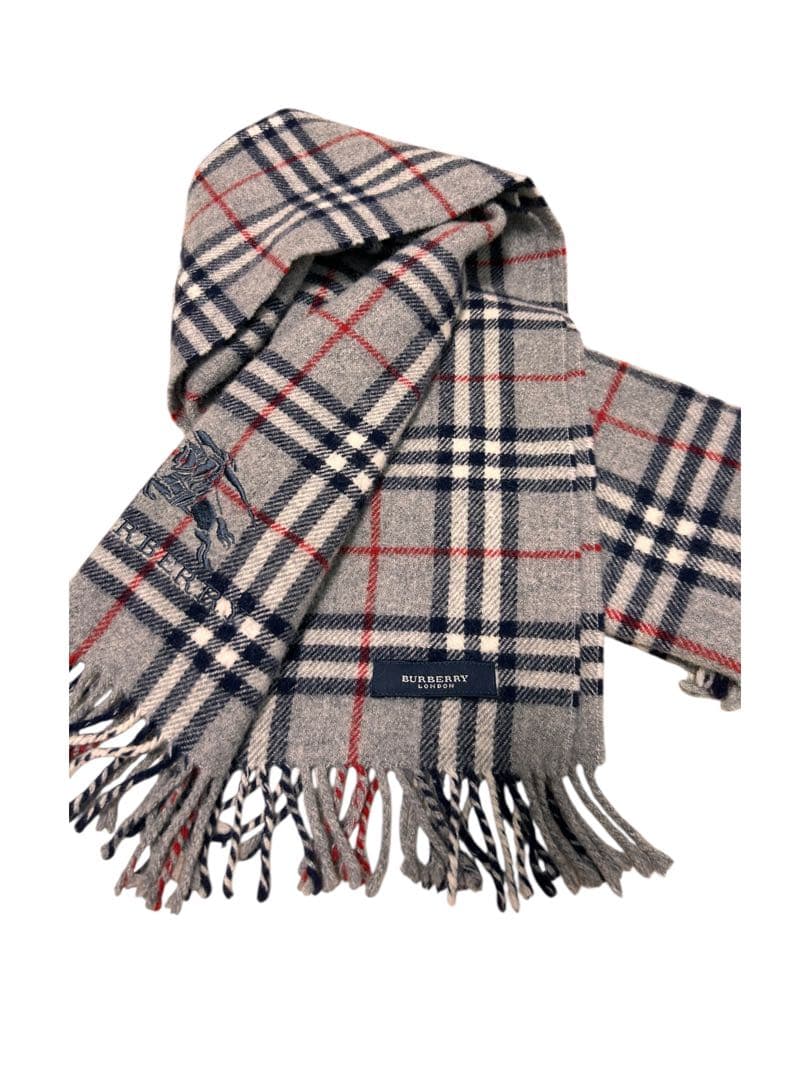 BURBERRY LONDON チェック柄 マフラー グレー 刺繍ロゴ フリンジ