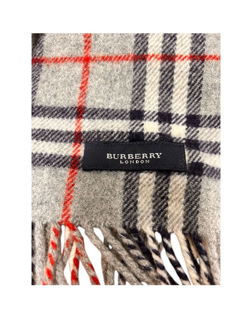 BURBERRY LONDON チェック柄 マフラー グレー 刺繍ロゴ フリンジ