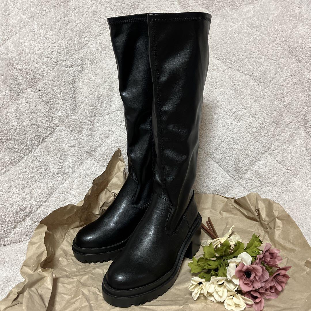 未使用☆CHICO【REVIVAL】厚底チャンキーストレッチロングブーツ 黒 Ｌ