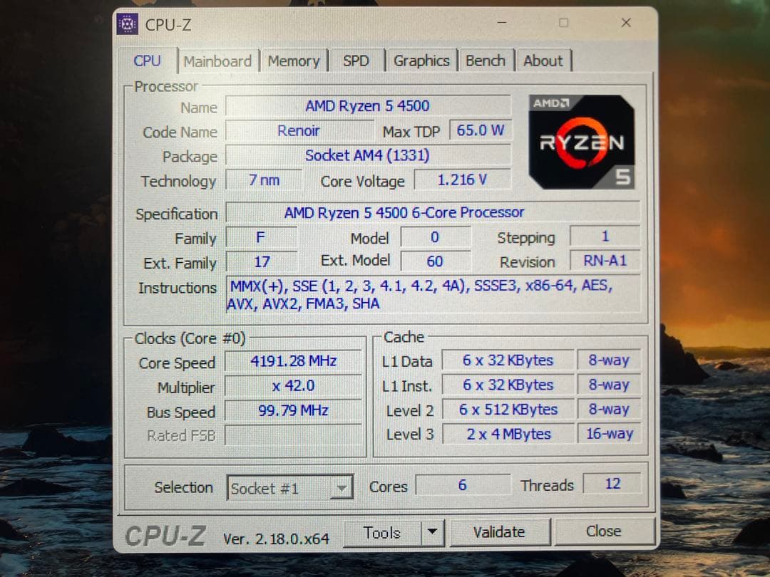 美品●AMD Ryzen 5 4500 純正クーラー付●動作確認済、ベンチ良好