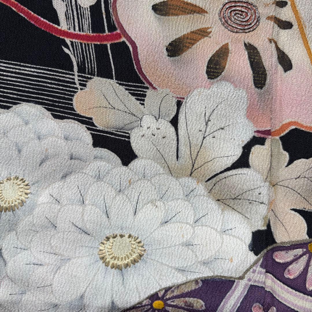 アンティーク振袖華やか貝合わせ扇面牡丹・菊　金コマ・刺繍 正絹材料