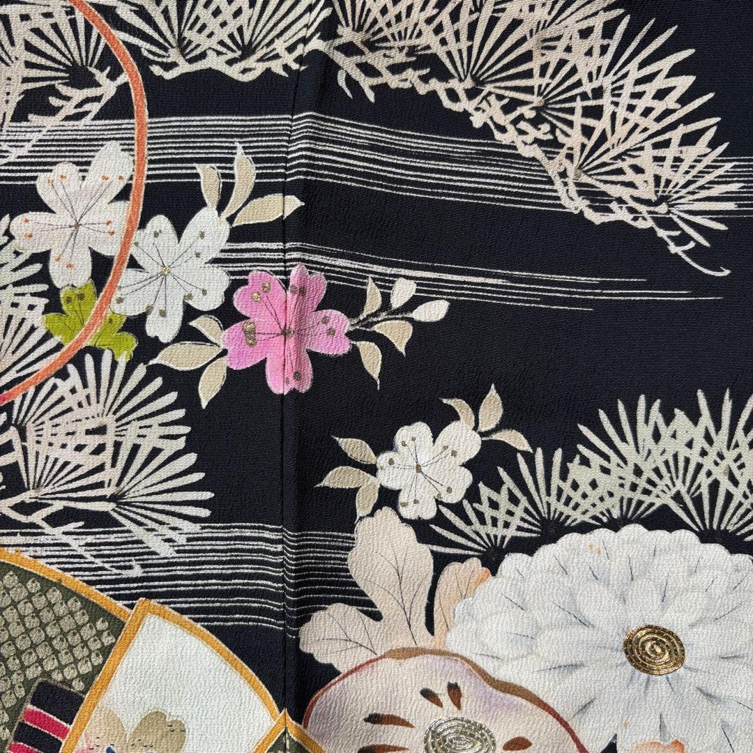 アンティーク振袖華やか貝合わせ扇面牡丹・菊　金コマ・刺繍 正絹材料